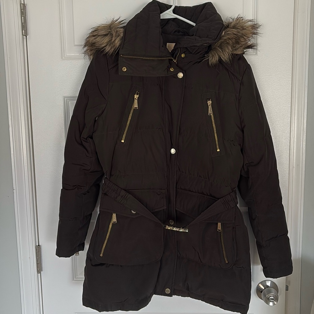 Michael Kors Faux Fur Trim Quilted Belted Puffer Jacket